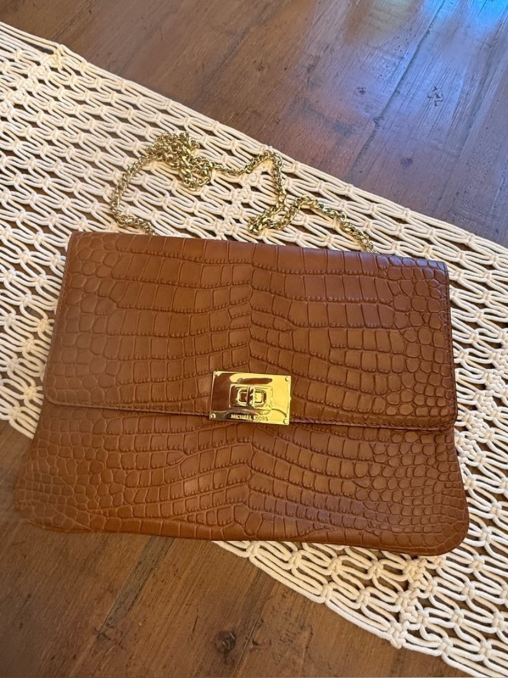 Michael Kors Cognac Croc-Embossed Chain Crossbody